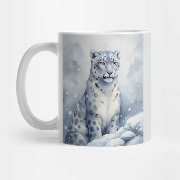 A Proud Snow Leopard Went Hunting, in the Snowy forest, Hight Mountains, Snow Falling, Winter Landscape, Wildlife White Panthera, Watercolor Realistic Illustration, Art, Portrait, Poster, Shirt, Christmas Holiday, Birthday gifts, Hunting lover by sofiartmedia